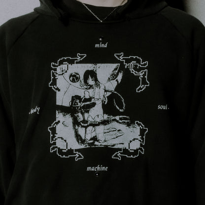 Black hoodie with a graphic design of a person sitting in a chair, labeled 'mind', 'body', 'soul', and 'machine'.